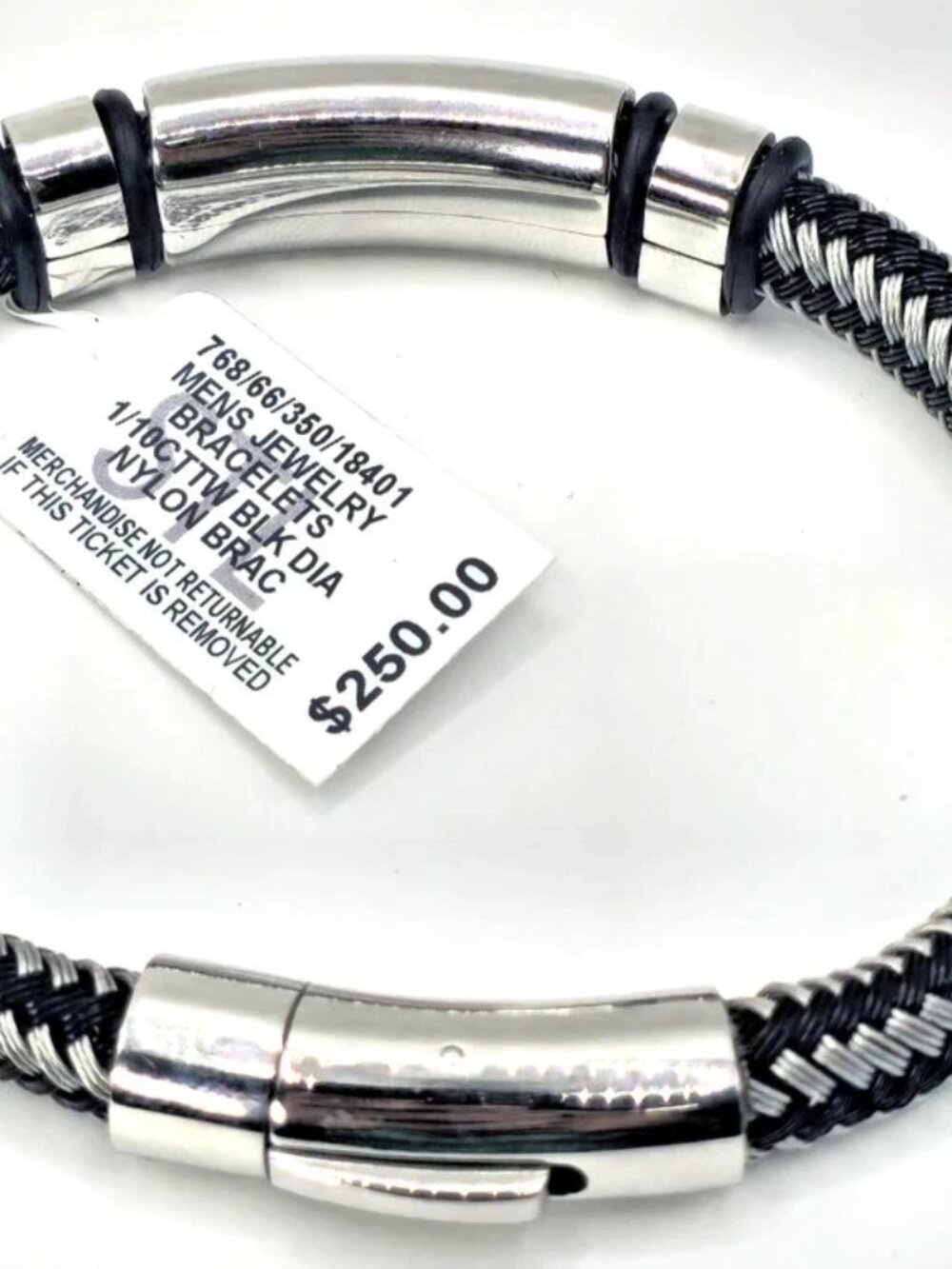 Macys Mens Black & Silver Stainless Steel Braided Bracelet with Accent Stones